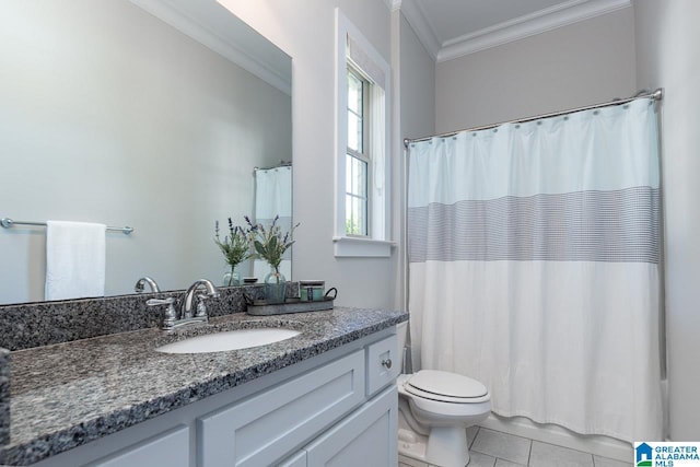 bathroom with vanity, tile patterned flooring, ornamental molding, toilet, and a shower with curtain