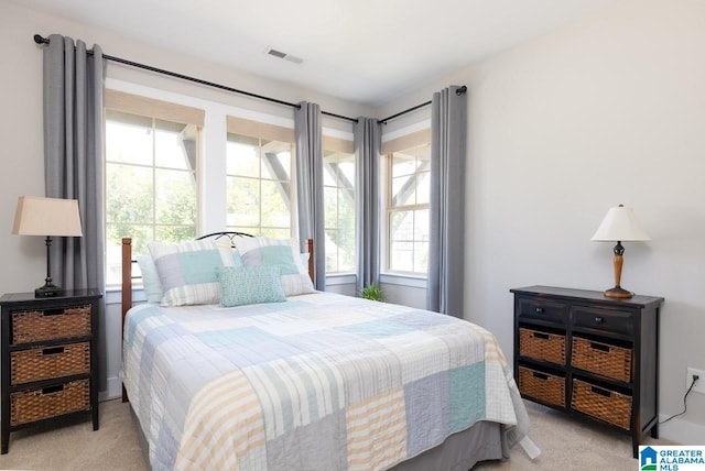 bedroom featuring multiple windows and light colored carpet