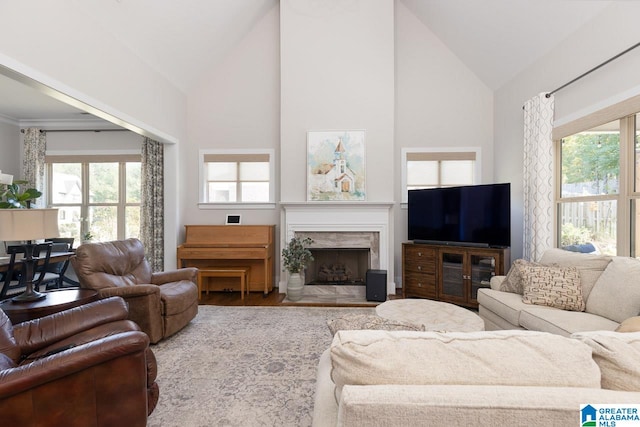 living room featuring a fireplace, hardwood / wood-style floors, high vaulted ceiling, and plenty of natural light