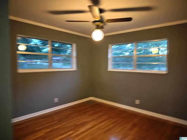 unfurnished room featuring ornamental molding, plenty of natural light, baseboards, and wood finished floors