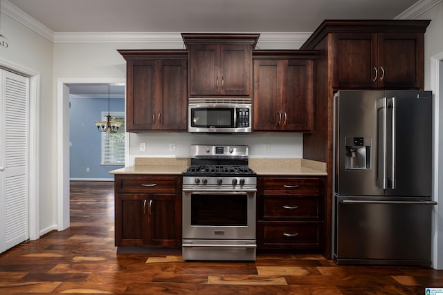 kitchen featuring crown molding, appliances with stainless steel finishes, light stone countertops, a notable chandelier, and dark wood-type flooring