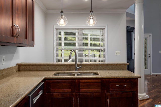 kitchen featuring dishwasher, crown molding, light stone countertops, sink, and dark wood-type flooring