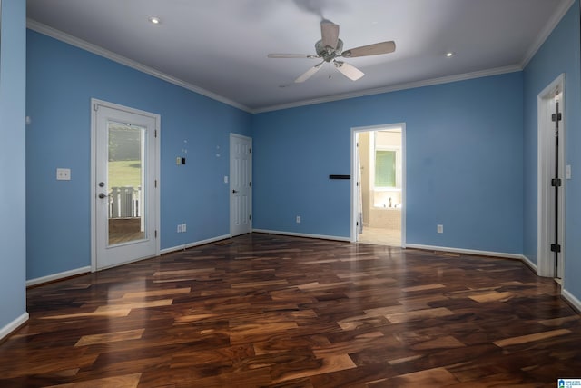 unfurnished room with crown molding, dark wood-type flooring, and ceiling fan