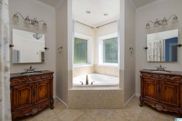 bathroom featuring tile patterned flooring, a relaxing tiled tub, crown molding, and vanity