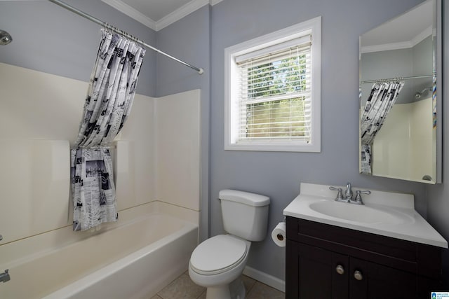 full bathroom with tile patterned flooring, toilet, shower / tub combo with curtain, vanity, and ornamental molding