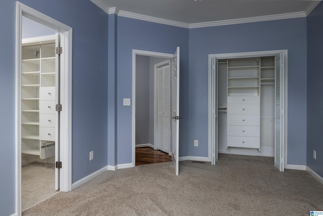 unfurnished bedroom with light colored carpet and ornamental molding