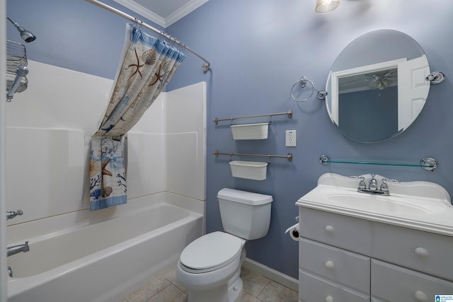 full bathroom with tile patterned floors, toilet, shower / tub combo with curtain, ornamental molding, and vanity