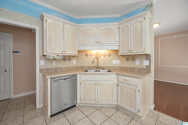 kitchen featuring dishwasher, crown molding, light hardwood / wood-style floors, sink, and decorative backsplash