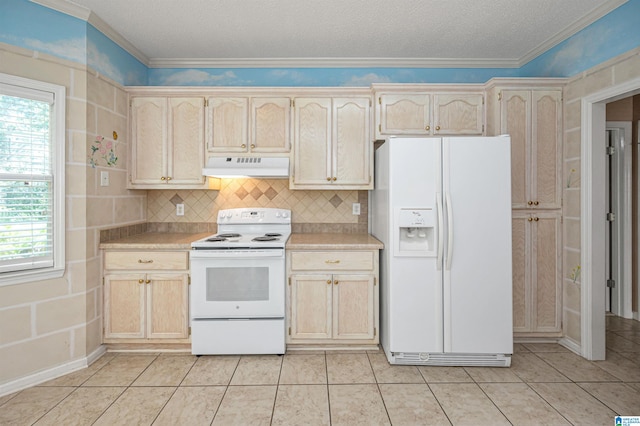 kitchen featuring a textured ceiling, white appliances, light tile patterned floors, crown molding, and decorative backsplash