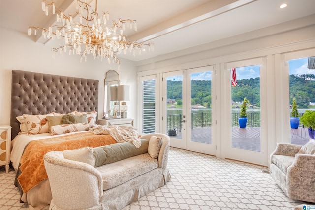 bedroom featuring access to outside, recessed lighting, carpet flooring, and a notable chandelier