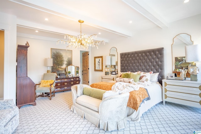 bedroom with recessed lighting, beam ceiling, light colored carpet, and an inviting chandelier