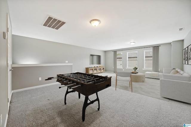 game room with visible vents, carpet flooring, and baseboards