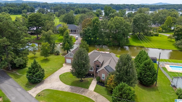 birds eye view of property featuring a water view and a residential view