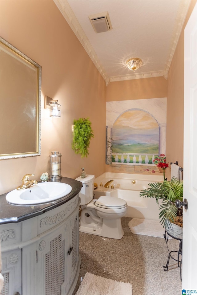 full bath with visible vents, toilet, ornamental molding, vanity, and granite finish floor