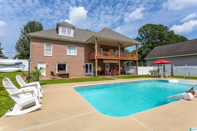 view of swimming pool featuring a fenced backyard, a fenced in pool, a water slide, and a patio