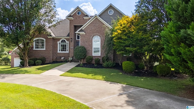 view of front of property with brick siding, a front yard, and a shingled roof