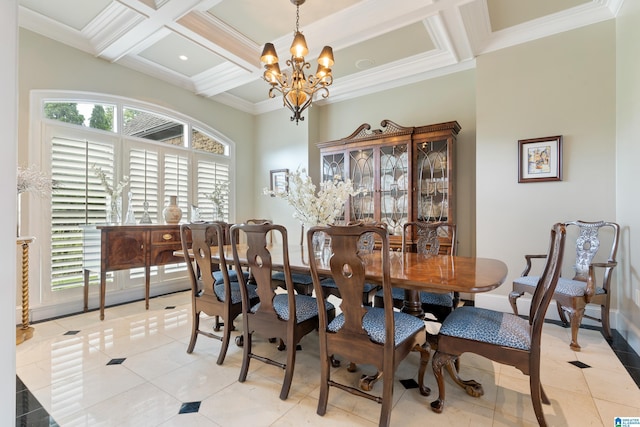 dining area featuring light tile patterned flooring, a notable chandelier, coffered ceiling, and baseboards