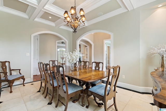 dining space featuring baseboards, a chandelier, beam ceiling, arched walkways, and coffered ceiling