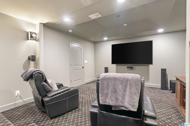 home theater with recessed lighting, baseboards, and carpet floors