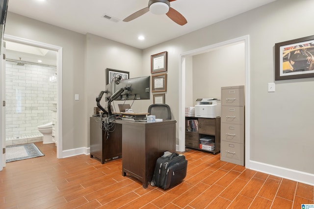 office area featuring recessed lighting, visible vents, light wood-style flooring, and baseboards