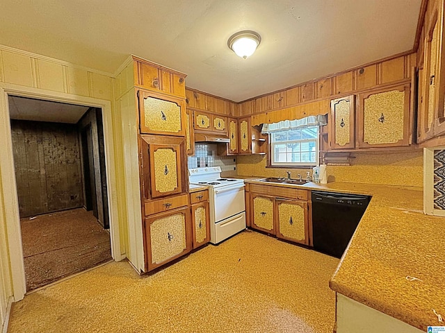 kitchen featuring black dishwasher, light carpet, sink, white range with electric stovetop, and wooden walls