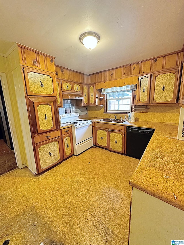 kitchen with black dishwasher, ornamental molding, sink, and white range with electric cooktop