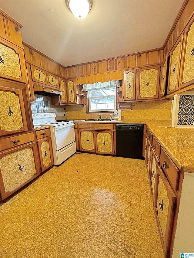 kitchen featuring range hood, electric stove, sink, and black dishwasher