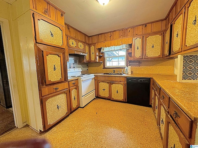 kitchen with white electric range, black dishwasher, extractor fan, and sink