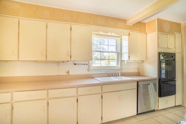 kitchen with beamed ceiling, backsplash, light tile patterned floors, sink, and stainless steel dishwasher