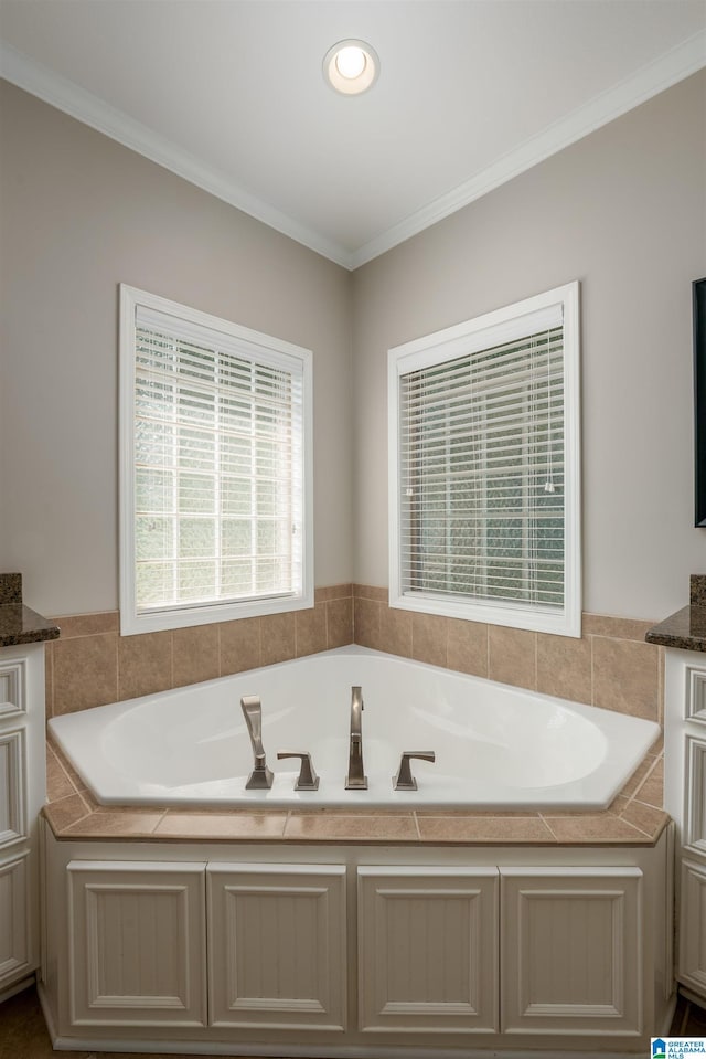 bathroom with ornamental molding and a bath