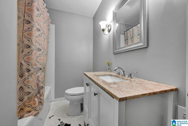 full bathroom featuring vanity, toilet, shower / tub combo, and tile patterned floors