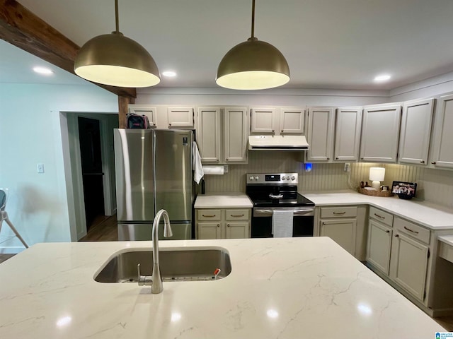 kitchen with decorative light fixtures, appliances with stainless steel finishes, backsplash, and sink