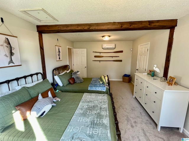 bedroom with a wall unit AC, beam ceiling, light carpet, and a textured ceiling