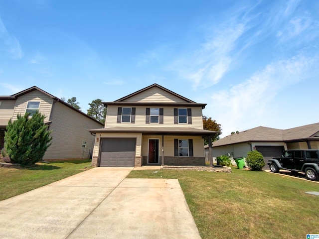 view of front property featuring a porch, a garage, and a front lawn