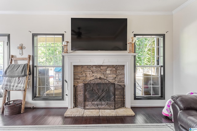 living room with crown molding, dark wood-type flooring, a healthy amount of sunlight, and a fireplace