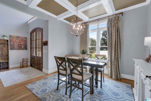 dining space with coffered ceiling, a notable chandelier, beamed ceiling, and wood-type flooring