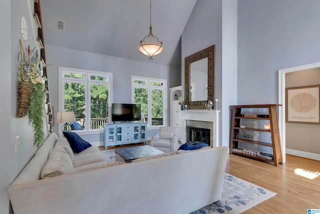 living room featuring high vaulted ceiling and light hardwood / wood-style flooring