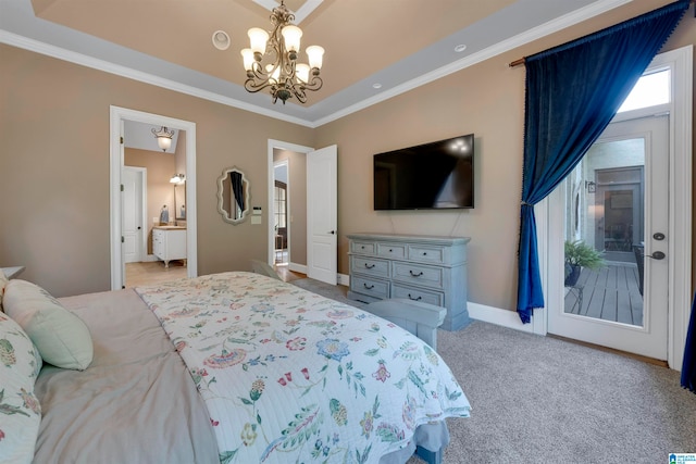 carpeted bedroom with connected bathroom and crown molding