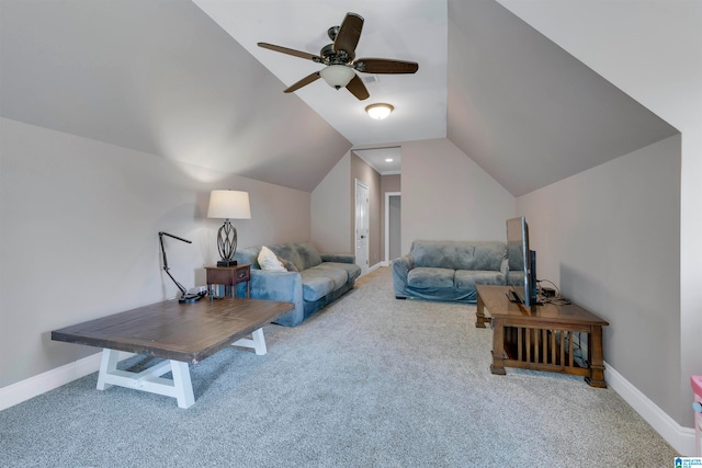 interior space with ceiling fan, carpet, and vaulted ceiling