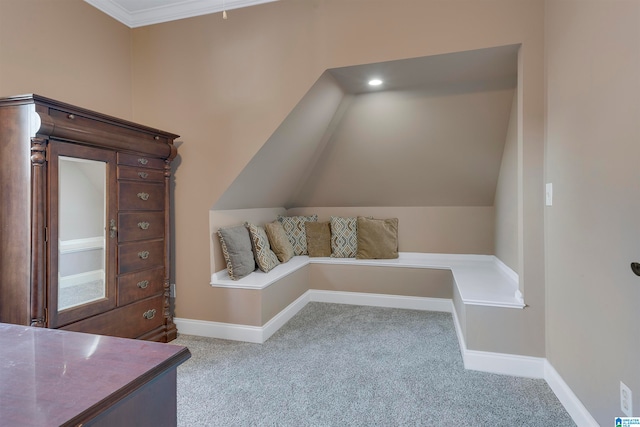 interior space with lofted ceiling and carpet