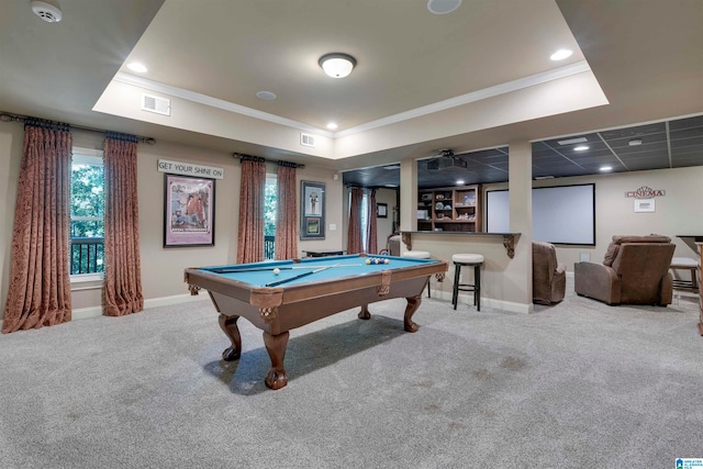 playroom featuring ornamental molding, pool table, and carpet floors