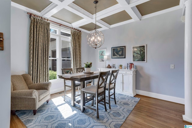 dining room featuring coffered ceiling, beam ceiling, a chandelier, and hardwood / wood-style flooring