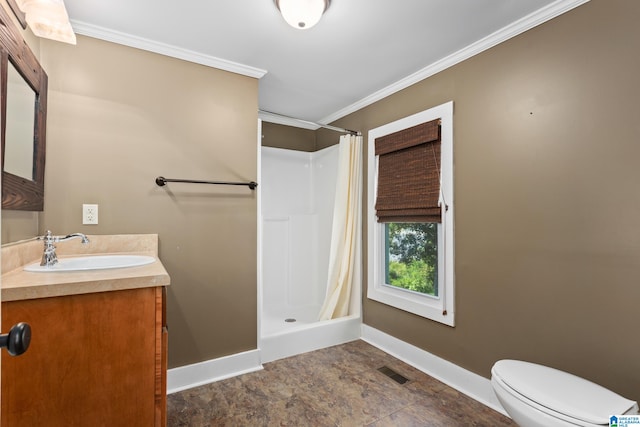 bathroom with tile patterned flooring, a shower with curtain, toilet, and vanity