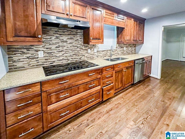 kitchen featuring backsplash, light hardwood / wood-style flooring, sink, black electric cooktop, and stainless steel dishwasher