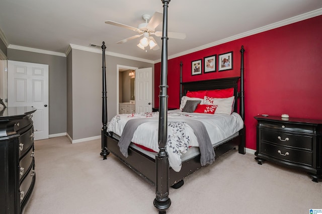 bedroom with carpet flooring, visible vents, baseboards, a ceiling fan, and crown molding