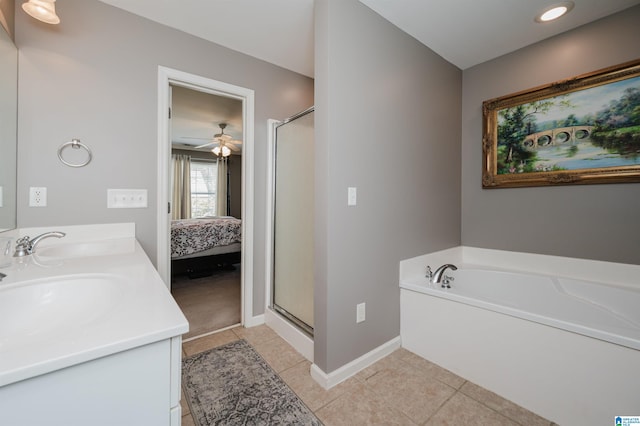 bathroom featuring vanity, ceiling fan, tile patterned flooring, and separate shower and tub