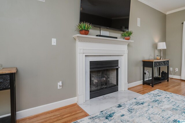 living area featuring a premium fireplace, wood finished floors, baseboards, and crown molding