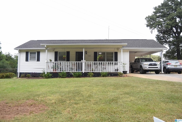 ranch-style house with a front yard, a porch, and a carport