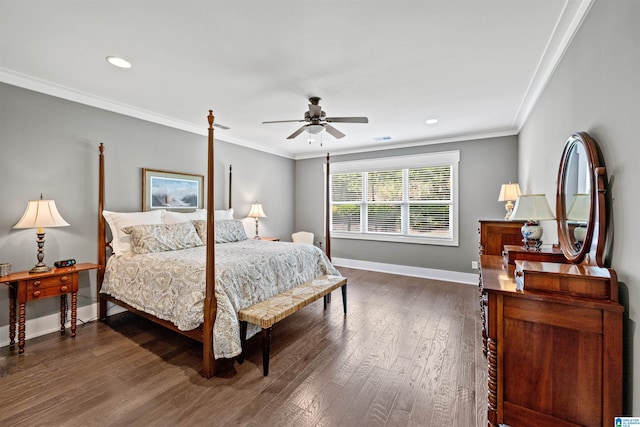 bedroom with ornamental molding, dark wood-type flooring, and ceiling fan