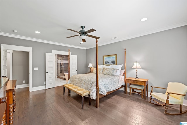 bedroom featuring crown molding, ceiling fan, and dark hardwood / wood-style floors